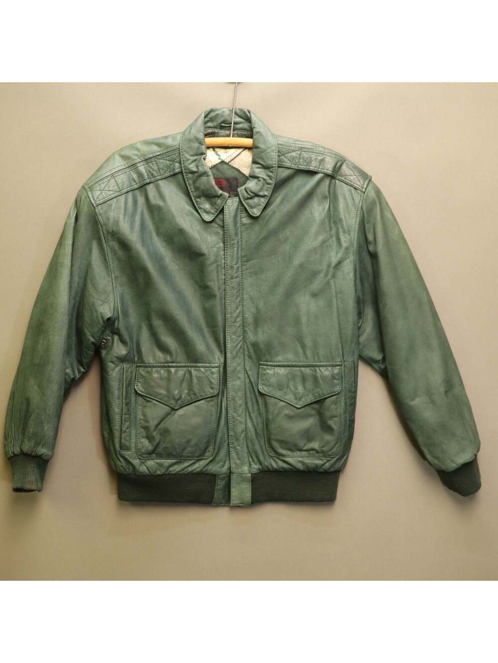 Vintage General Clothing Co Green Leather Flight Bomber Jacket Map Lining Medium